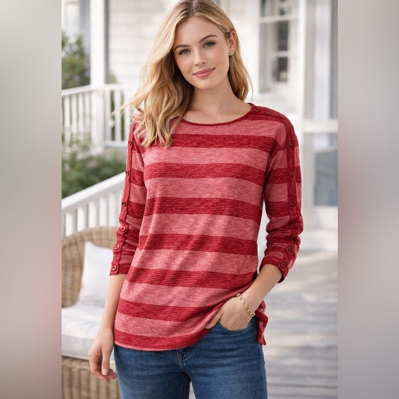 Talbots Tops - T by Talbots MP Red Striped Knit Top Button Shoulder & Sleeve Petite